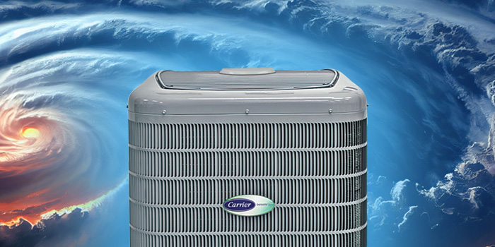 HVAC system with hurricane in background.